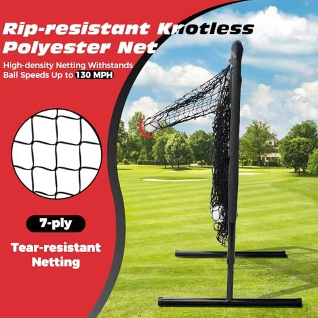 Baseball pitching net on two black support legs, side view of knottedless mesh net