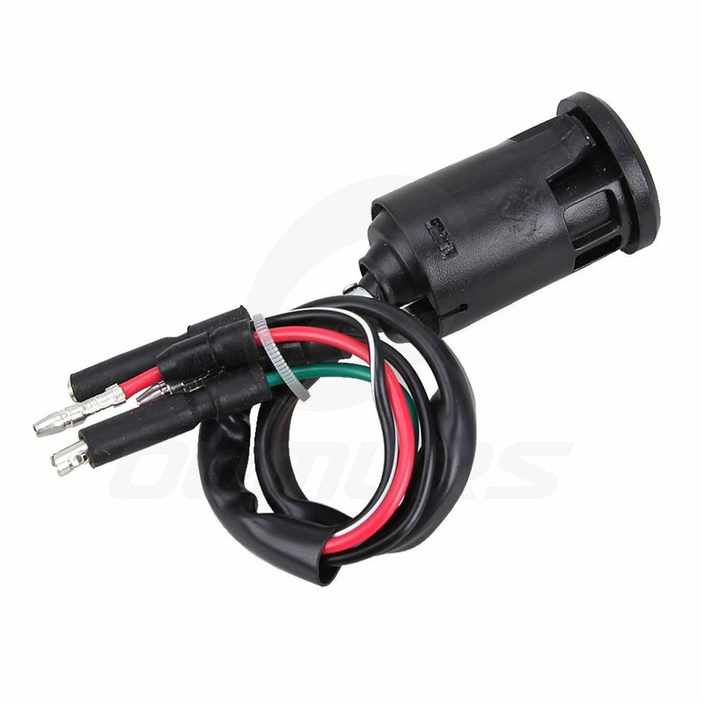 Ignition key switch with black connector housing, red/green/white wires, and key ends.