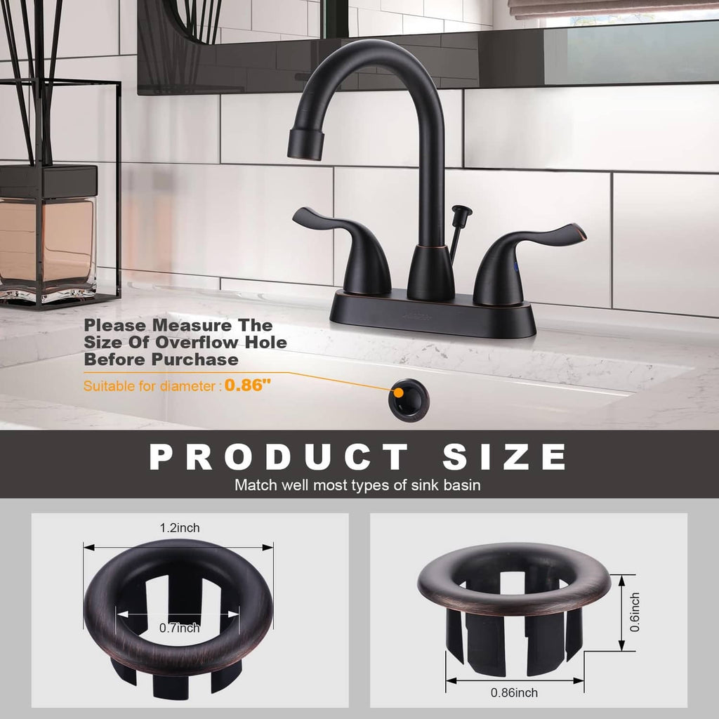 Sink overflow ring size view, dark circular ring with bronze edge and mounting tabs