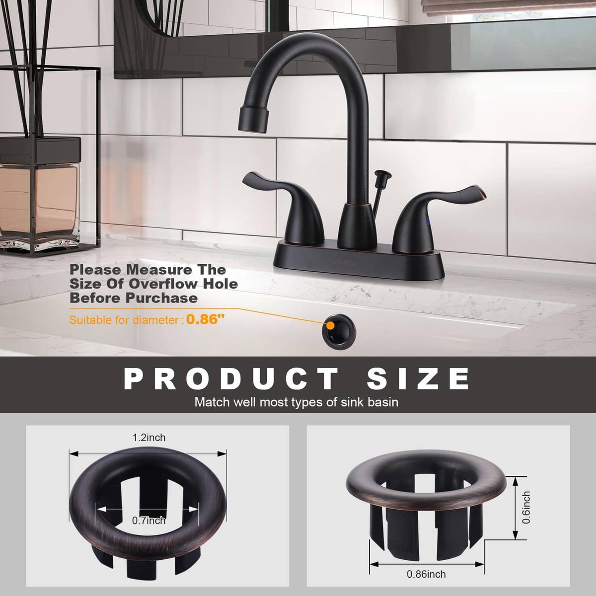 Sink overflow ring size view, dark circular ring with bronze edge and mounting tabs