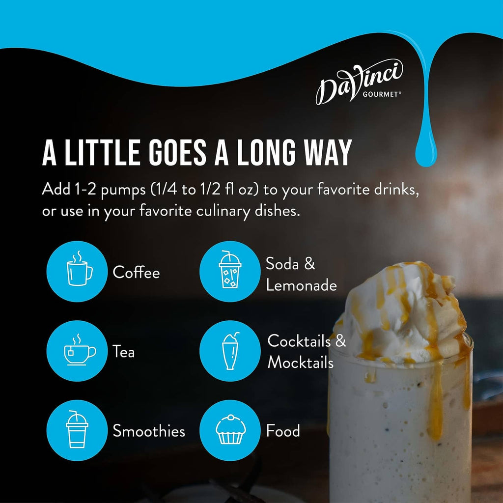 DaVinci Gourmet sugar-free syrups usage card with whipped drink cup