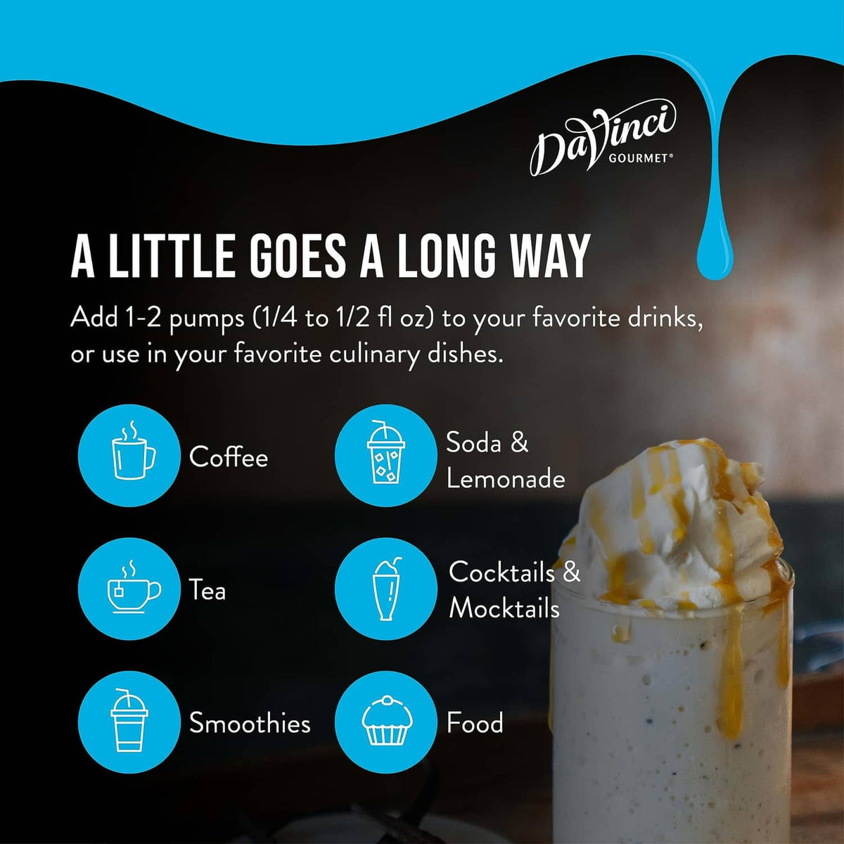 DaVinci Gourmet sugar-free syrups usage card with whipped drink cup