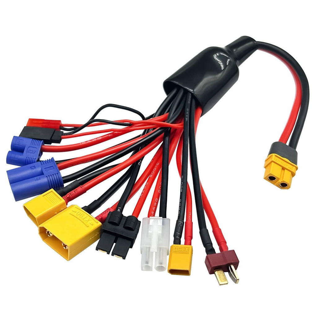 RC lipo battery charger adapter splitter wire, black lead with multi colored plug connectors
