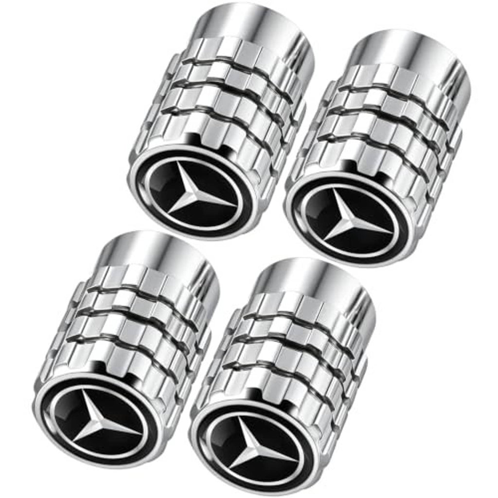 Four ribbed chrome valve stem caps with Mercedes-Benz emblem, rounded hex base