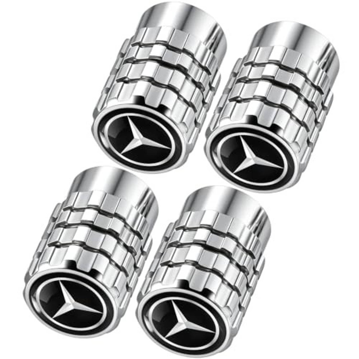 Four ribbed chrome valve stem caps with Mercedes-Benz emblem, rounded hex base