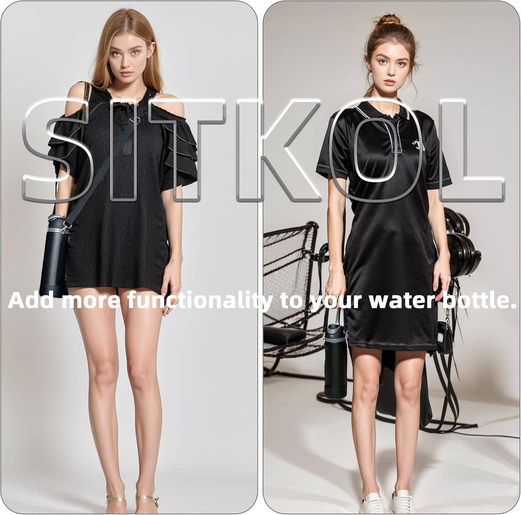 Black silicone bottle boot set with strap on a water bottle, shown on a model.