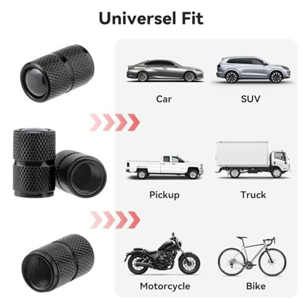 Black tire valve stem cap set with textured knurled body; angled close view
