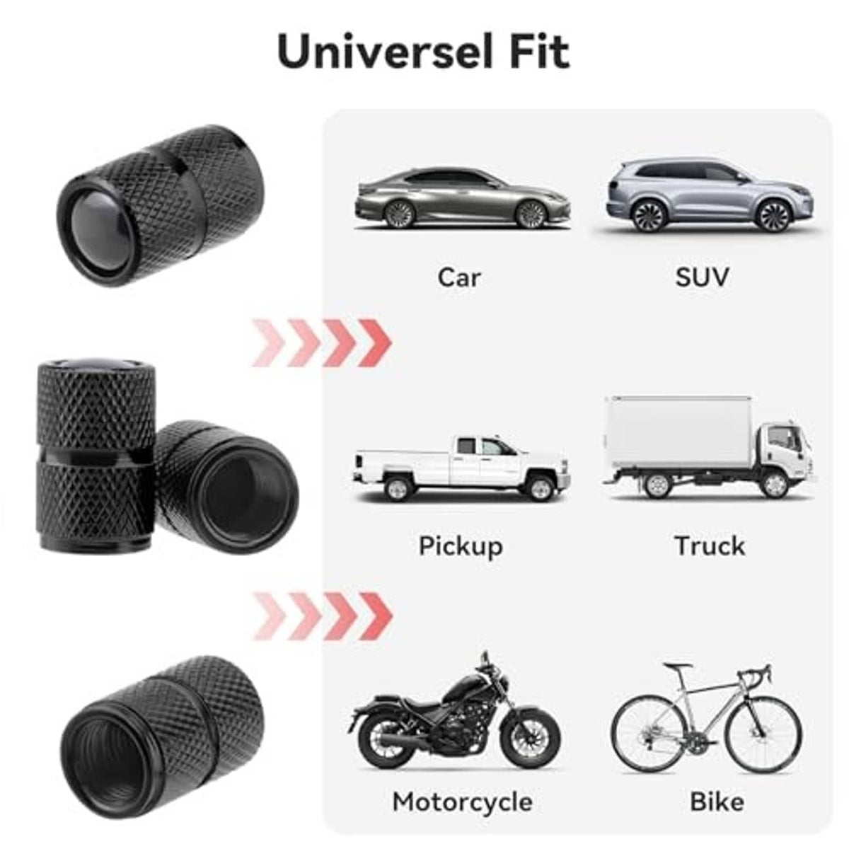 Black tire valve stem cap set with textured knurled body; angled close view