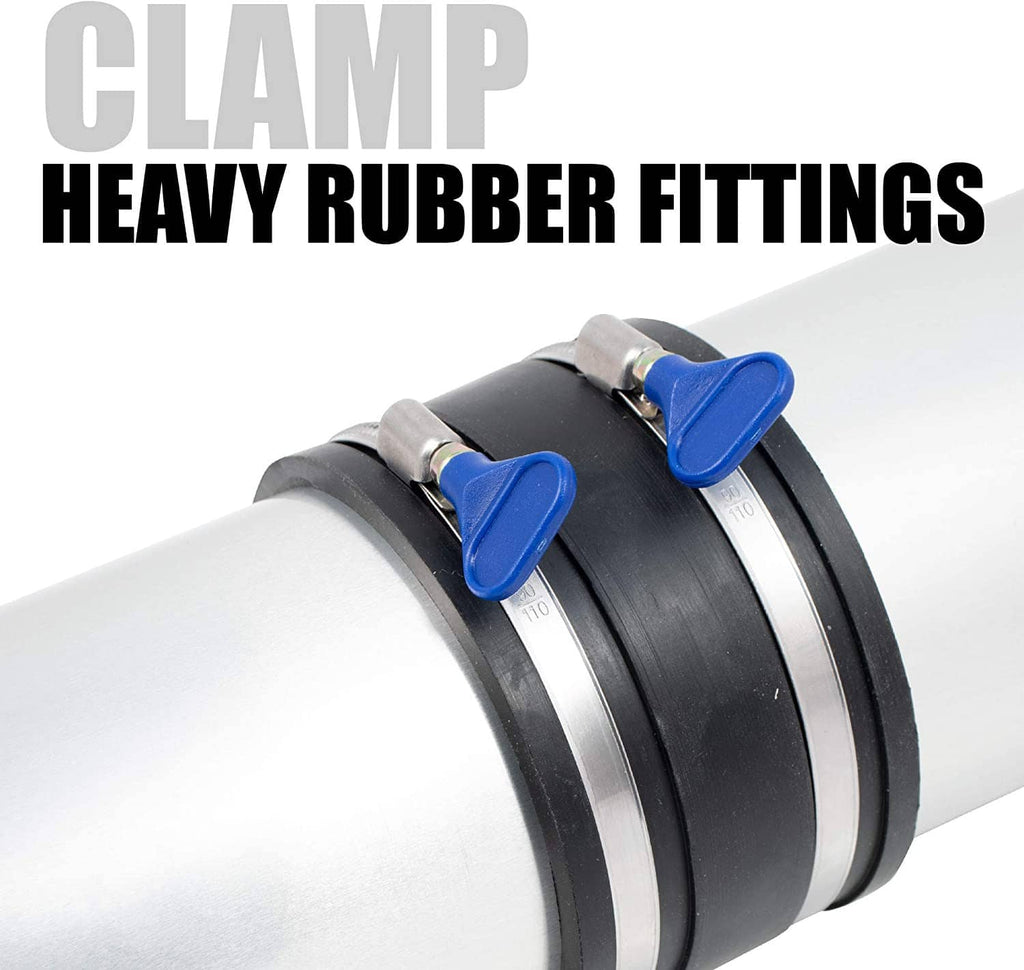 Two stainless hose clamps with blue thumb screw heads on black rubber fittings