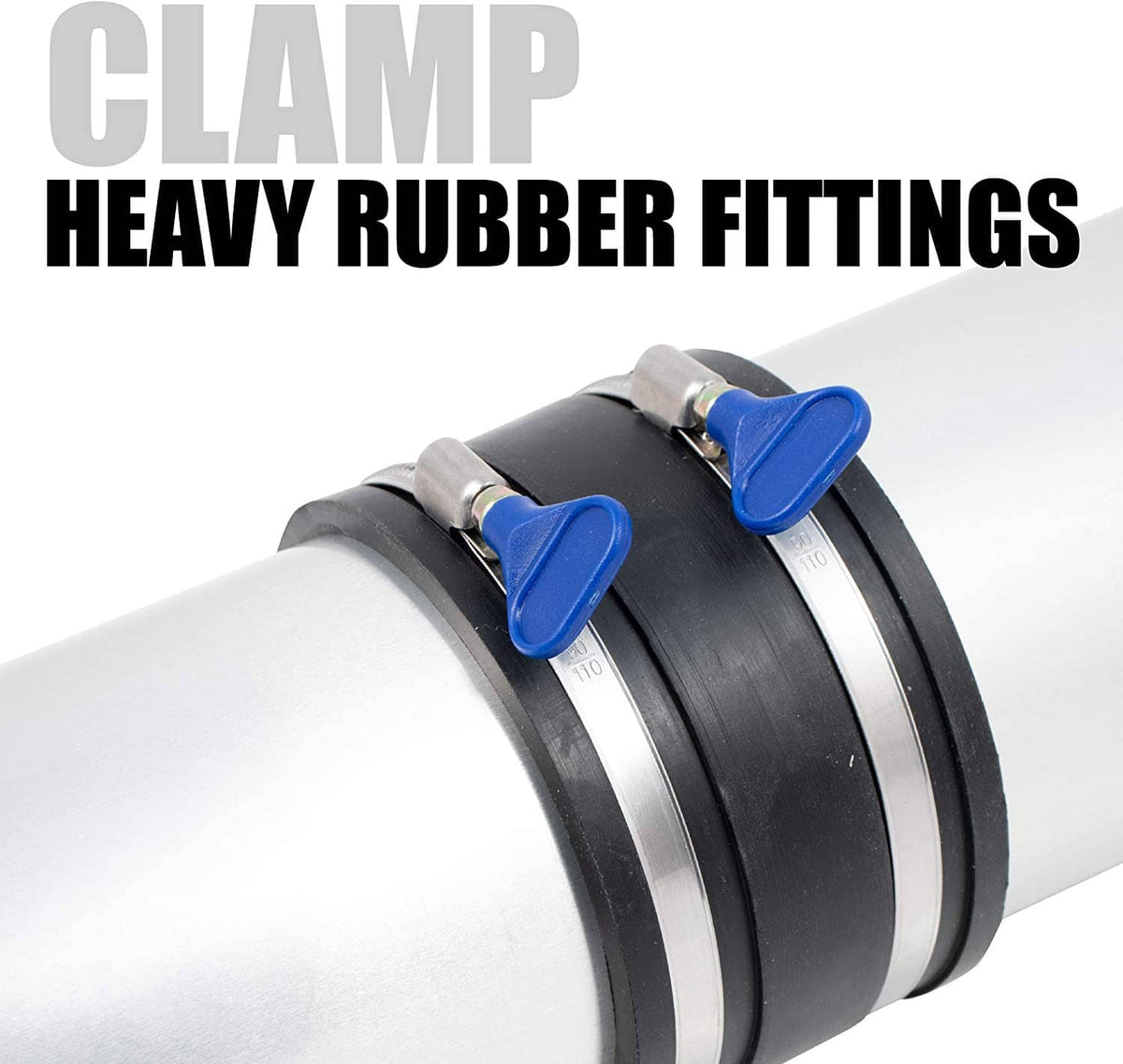 Two stainless hose clamps with blue thumb screw heads on black rubber fittings