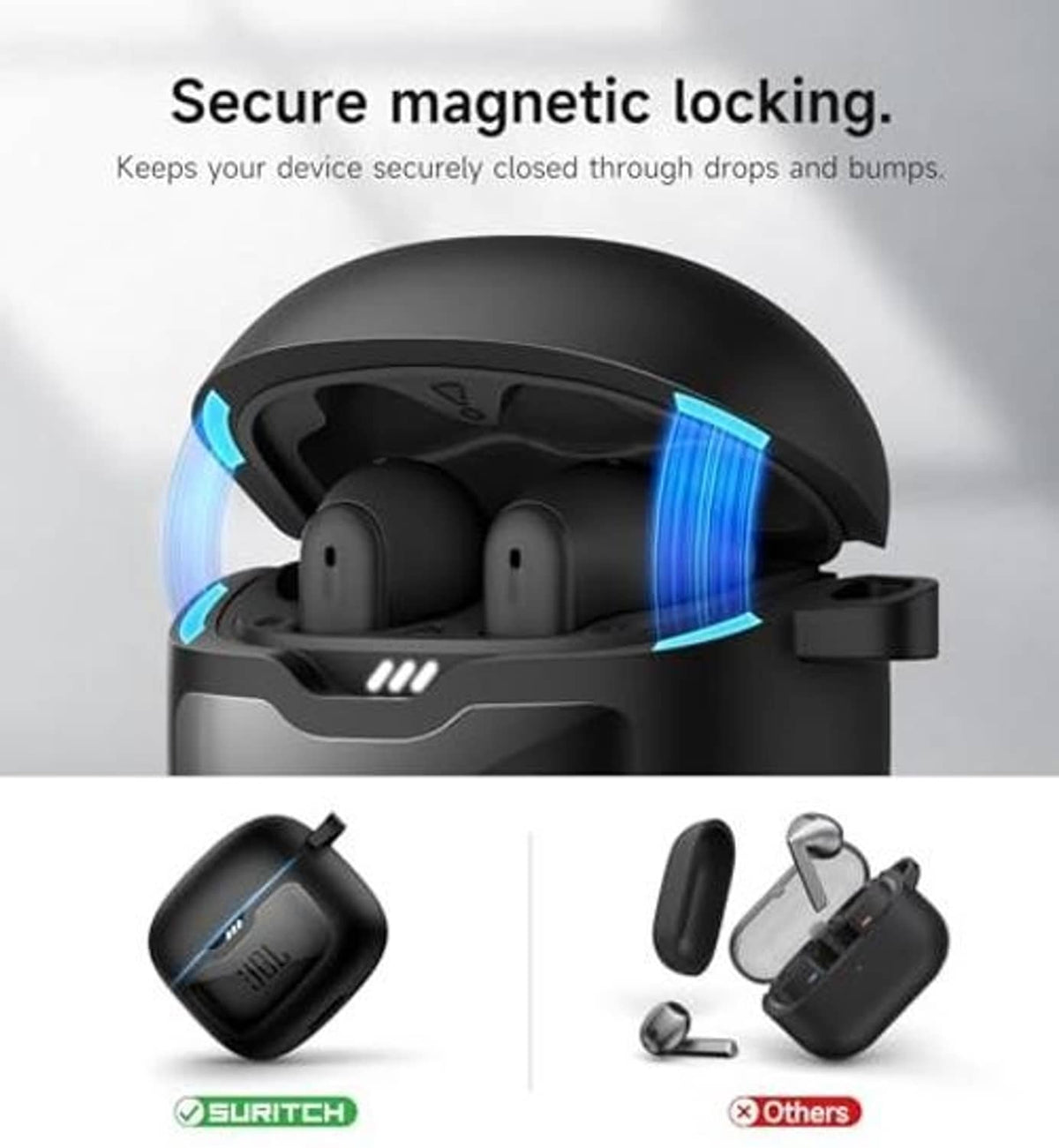 Black magnetic earbuds case with open lid showing earbud storage slots