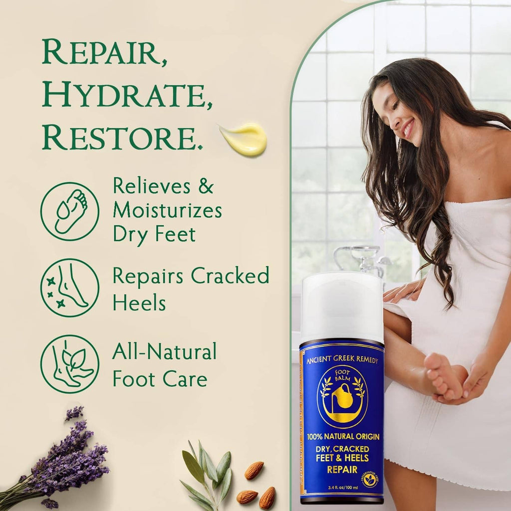 Blue foot balm bottle beside person applying care to bare feet.