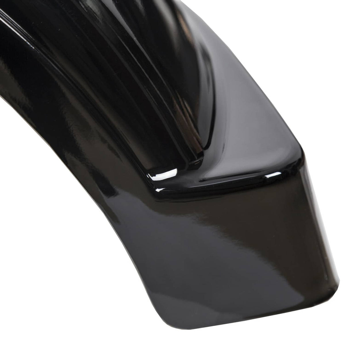 Close-up of black glossy trailer fender top corner and ribbed step surface