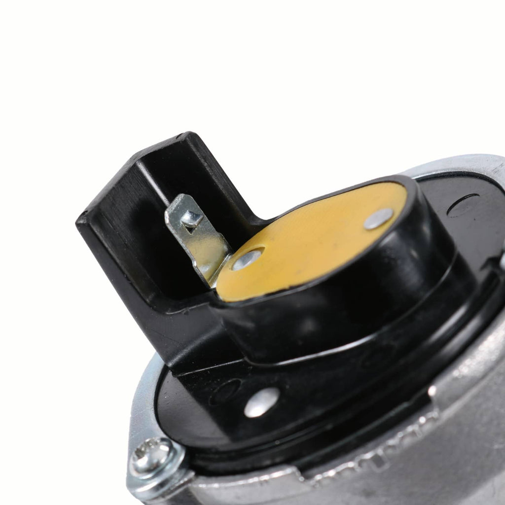 Close-up of marine carburetor black air-control cover with yellow insert on housing