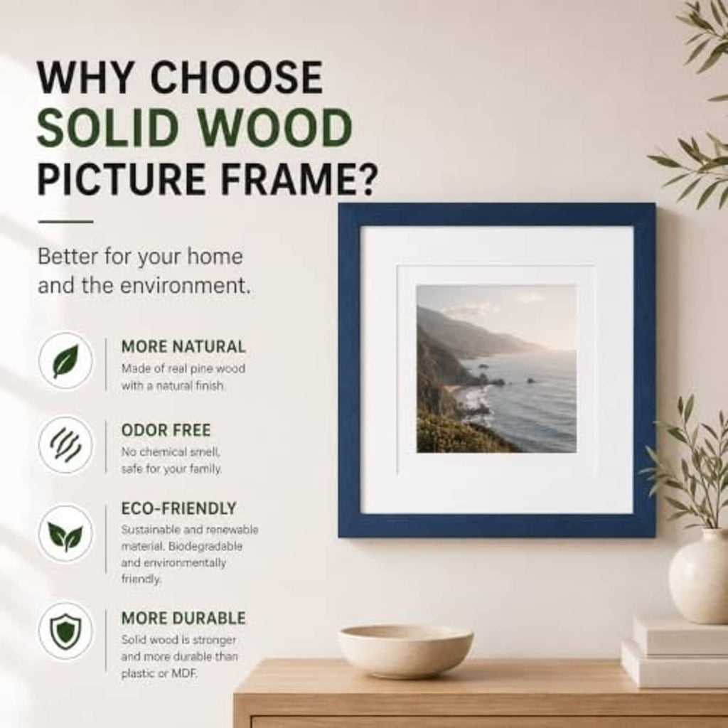 Navy 8x8 solid wood picture frame with landscape photo in white mat