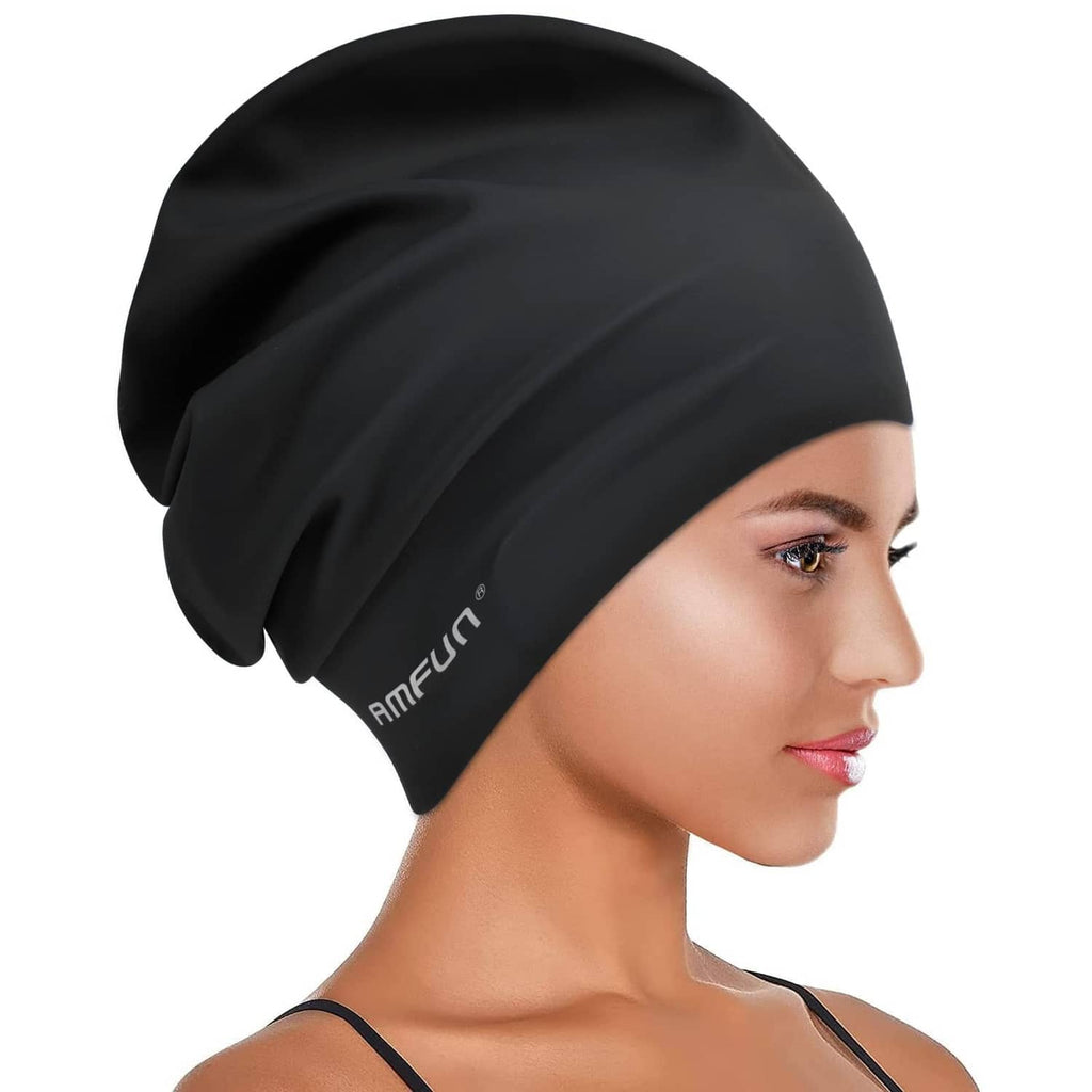 Black swimming cap side view with AMFUN logo band, smooth domed fit.