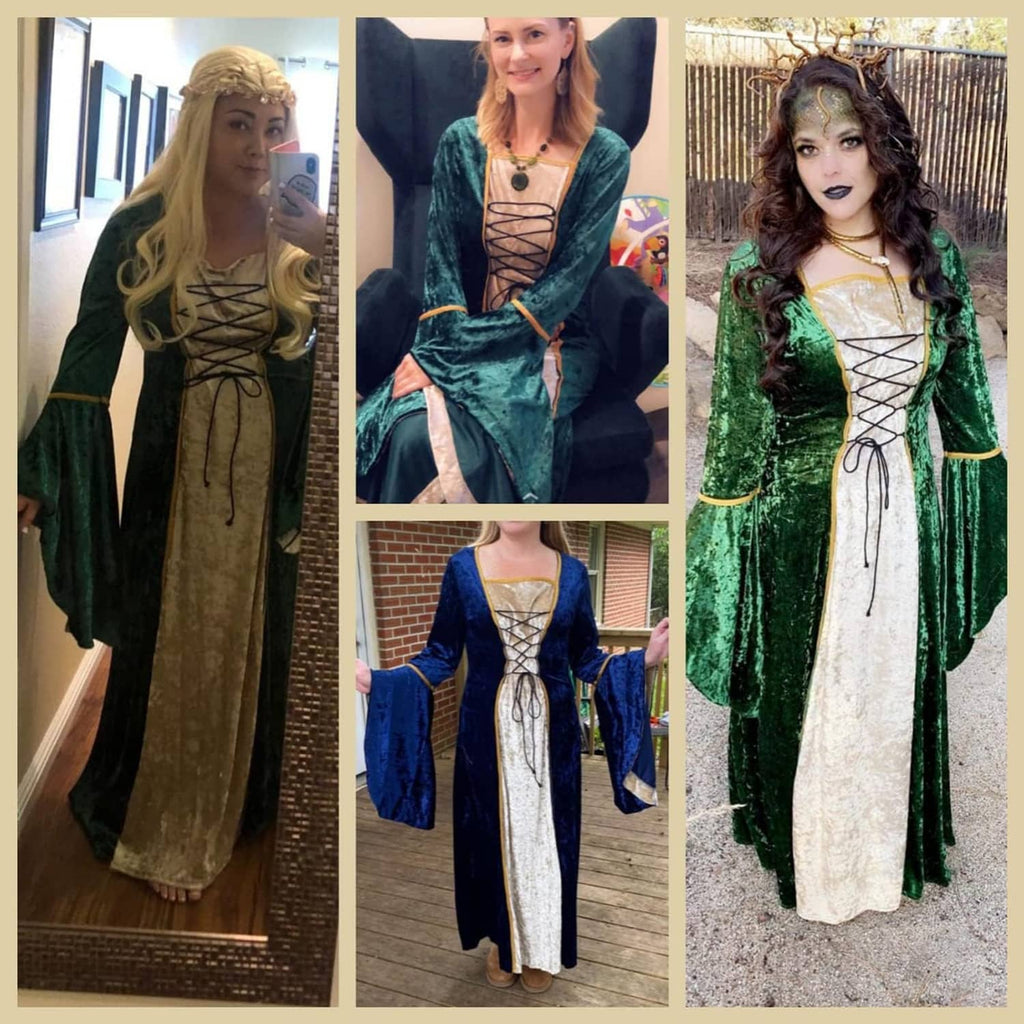 Women’s medieval costume dress shown worn: green outer layer and cream lace-up gown