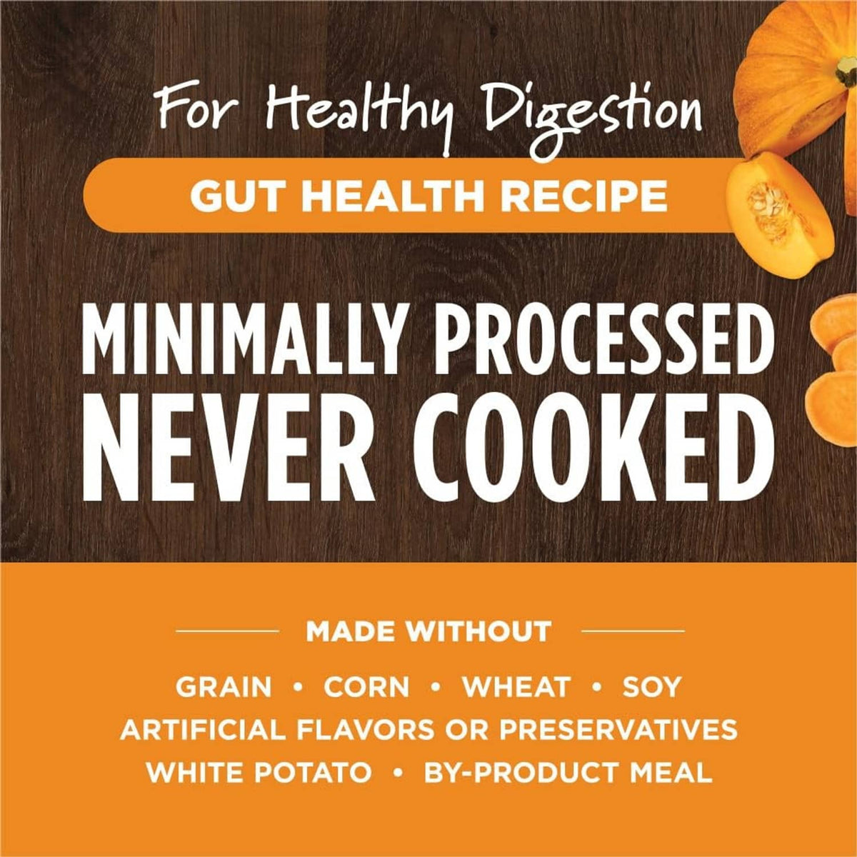 Dog food topper shaker label featuring gut health recipe and minimally processed claim.