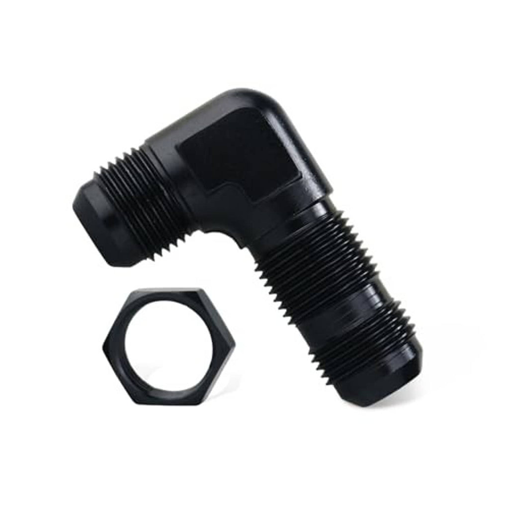Black 90-degree bulkhead fitting adapter with hex nut, angled perspective