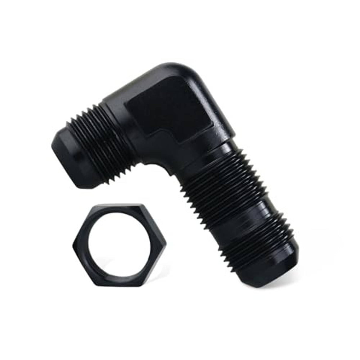 Black 90-degree bulkhead fitting adapter with hex nut, angled perspective