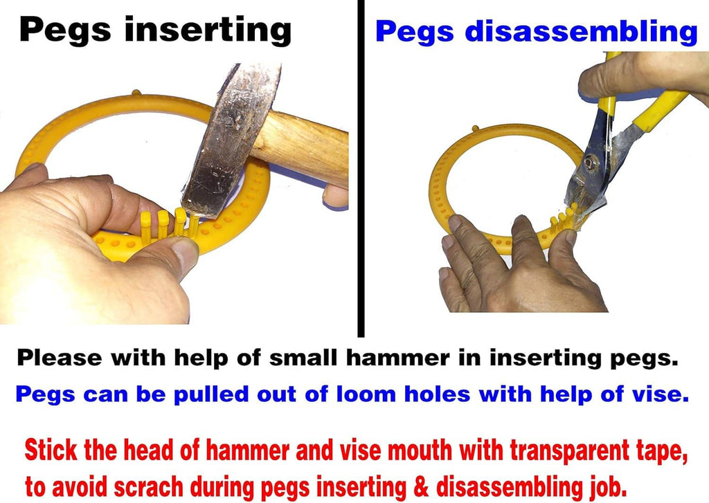Round knitting loom set instruction panel showing hammer use for inserting and removing pegs