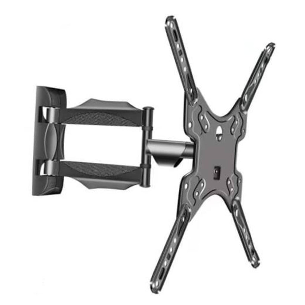 Full-motion TV wall mount with tilt swivel arms and square wall bracket, dark metal