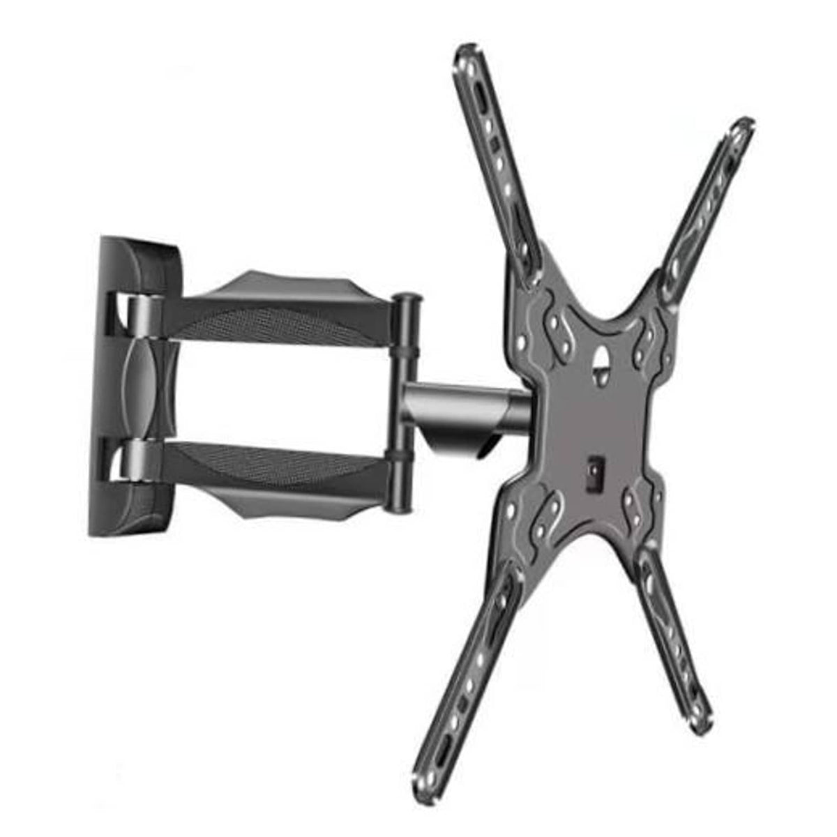 Full-motion TV wall mount with tilt swivel arms and square wall bracket, dark metal