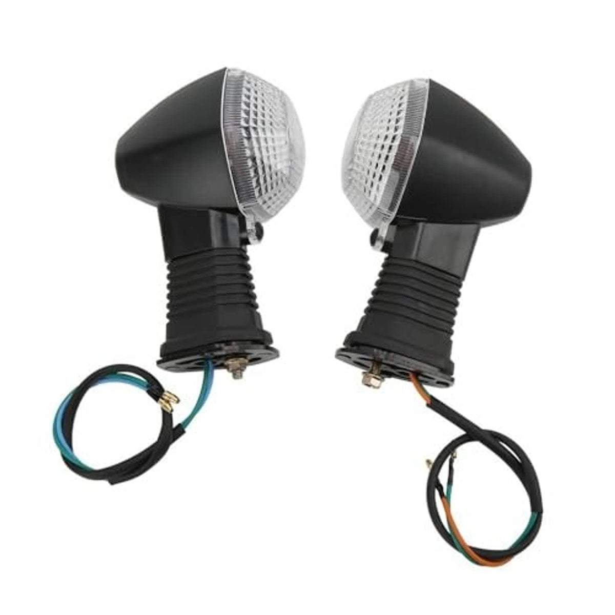 Two motorcycle turn signal lights with clear lenses, black housings, and colored wire connectors