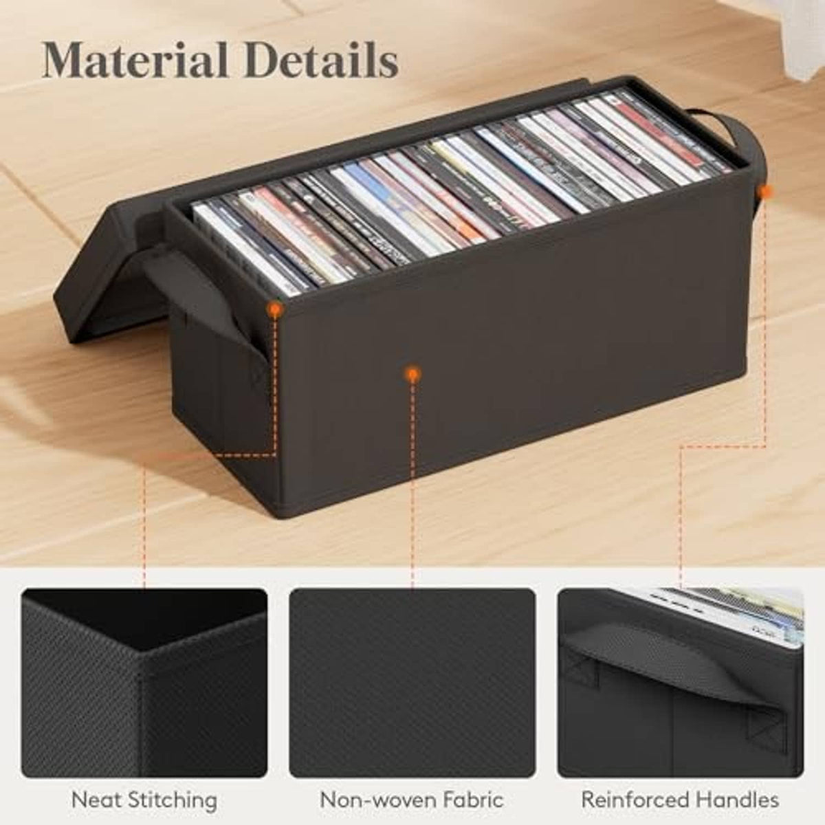 Black fabric CD storage box with open lid and reinforced side handles