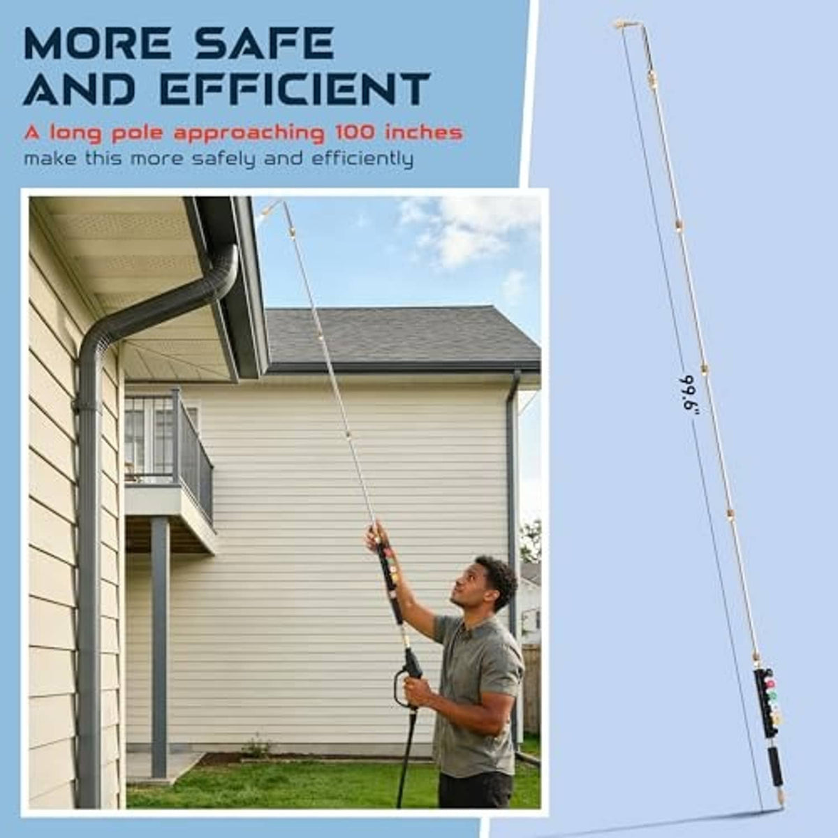 Long pressure washer extension wand for reaching high areas with detachable nozzle tip