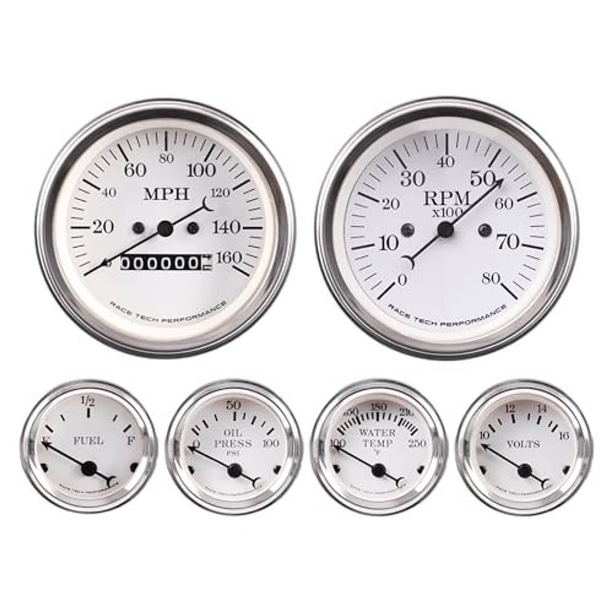 Set of mechanical gauges: MPH, RPM, fuel, oil pressure, water temp, volts on white faces