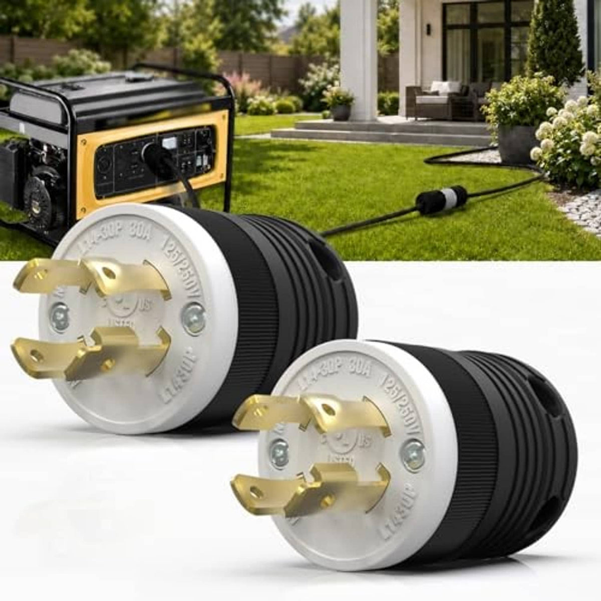 30A twist-lock male generator plug with white face, gold prongs, black ribbed housing