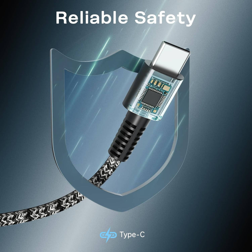USB-C power adapter with braided cord and compact metal connector tip