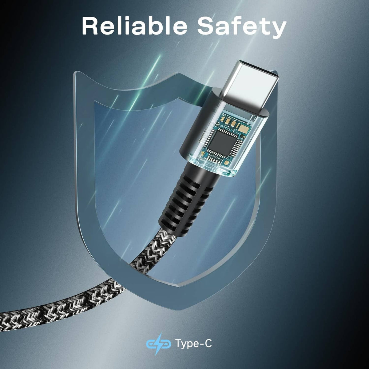 USB-C power adapter with braided cord and compact metal connector tip