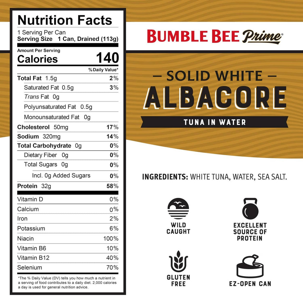 Nutrition Facts for solid white albacore tuna in water, 32 g protein per serving