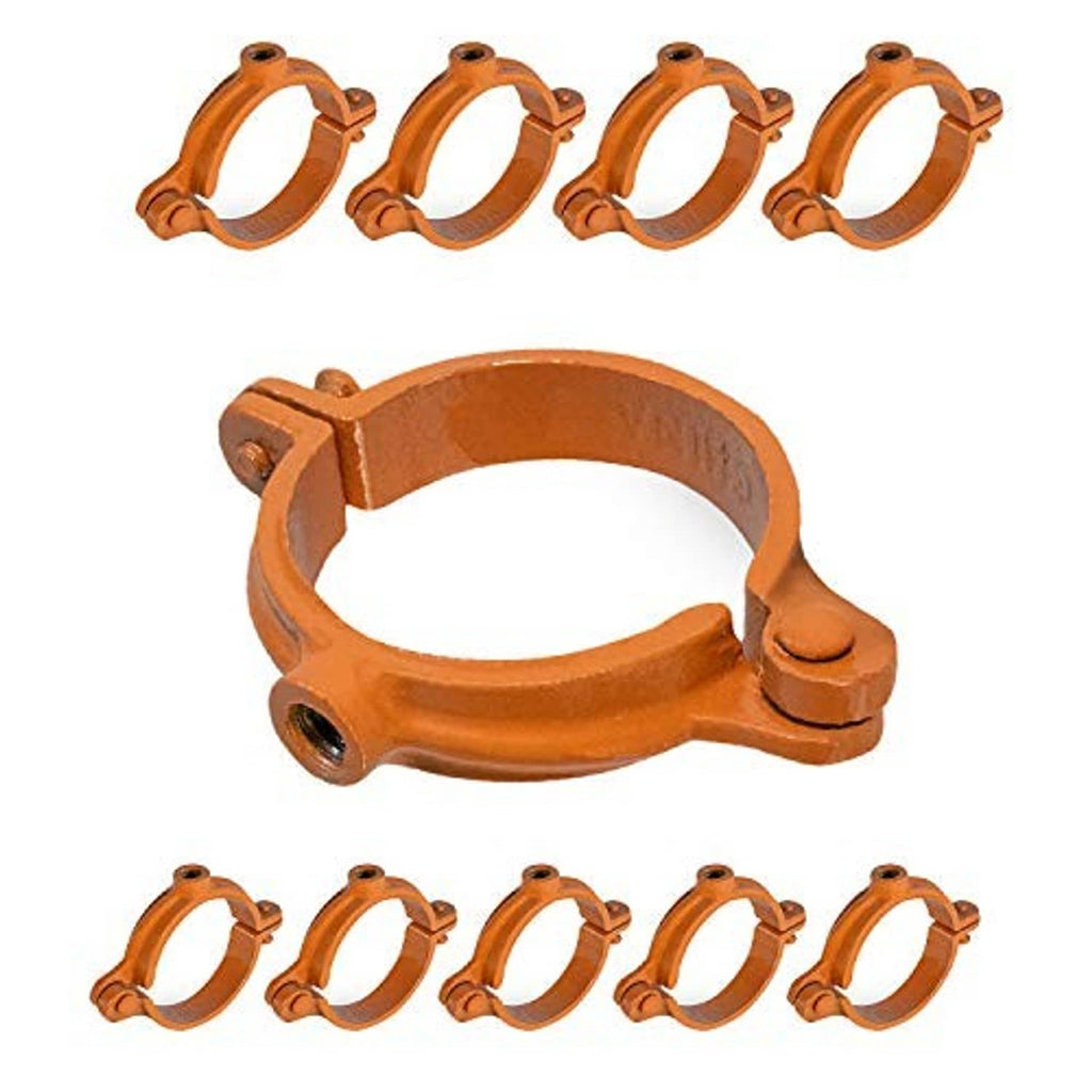 Orange hinged split ring pipe hangers with round mounting ring, five-pack