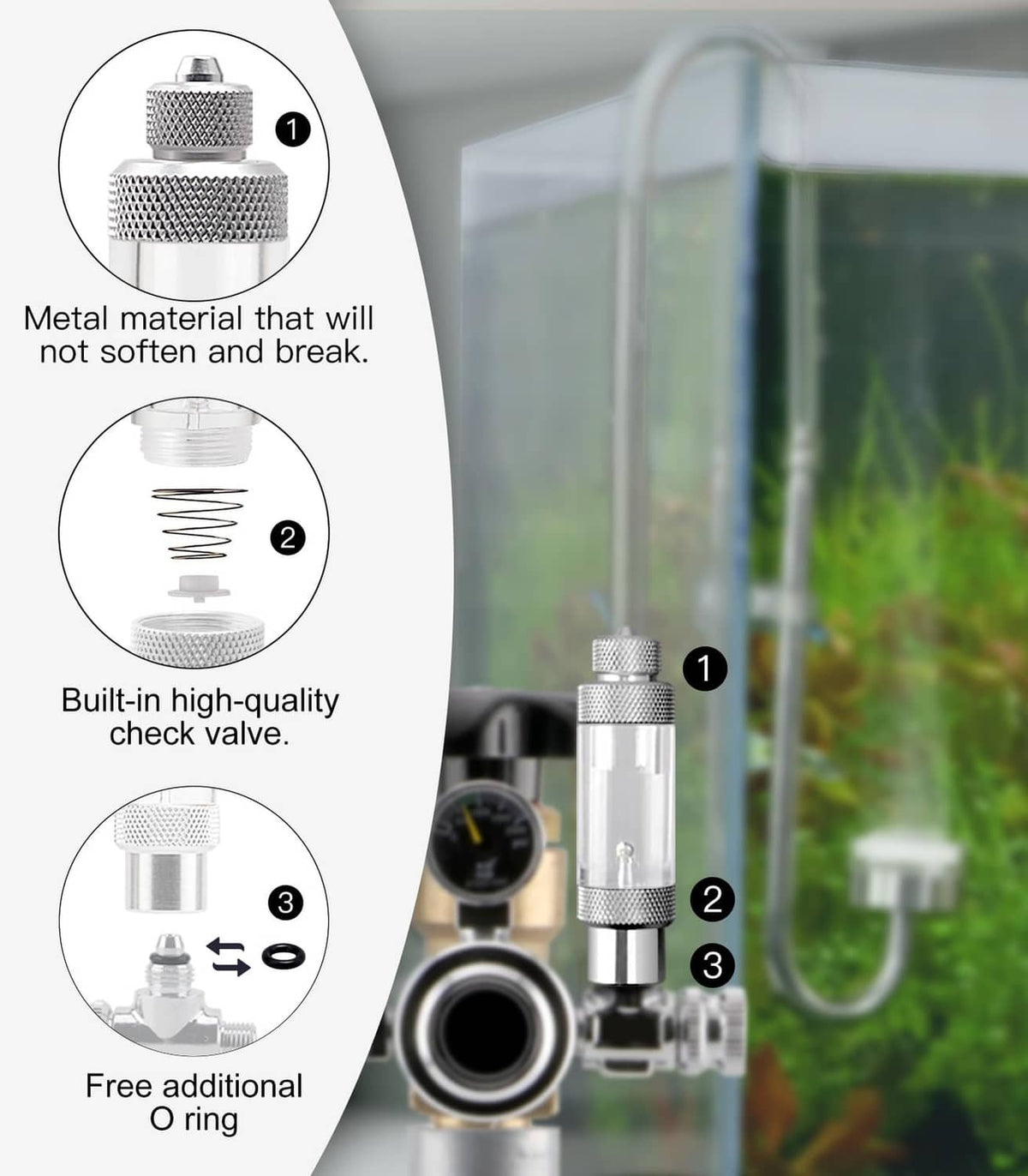 CO2 bubble counter assembly with built-in check valve, clear chamber and metal body