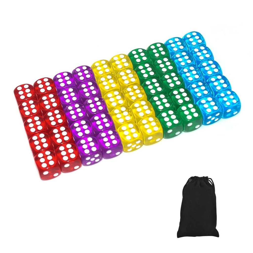 Translucent 14mm six-sided dice set in assorted colors with black drawstring pouch