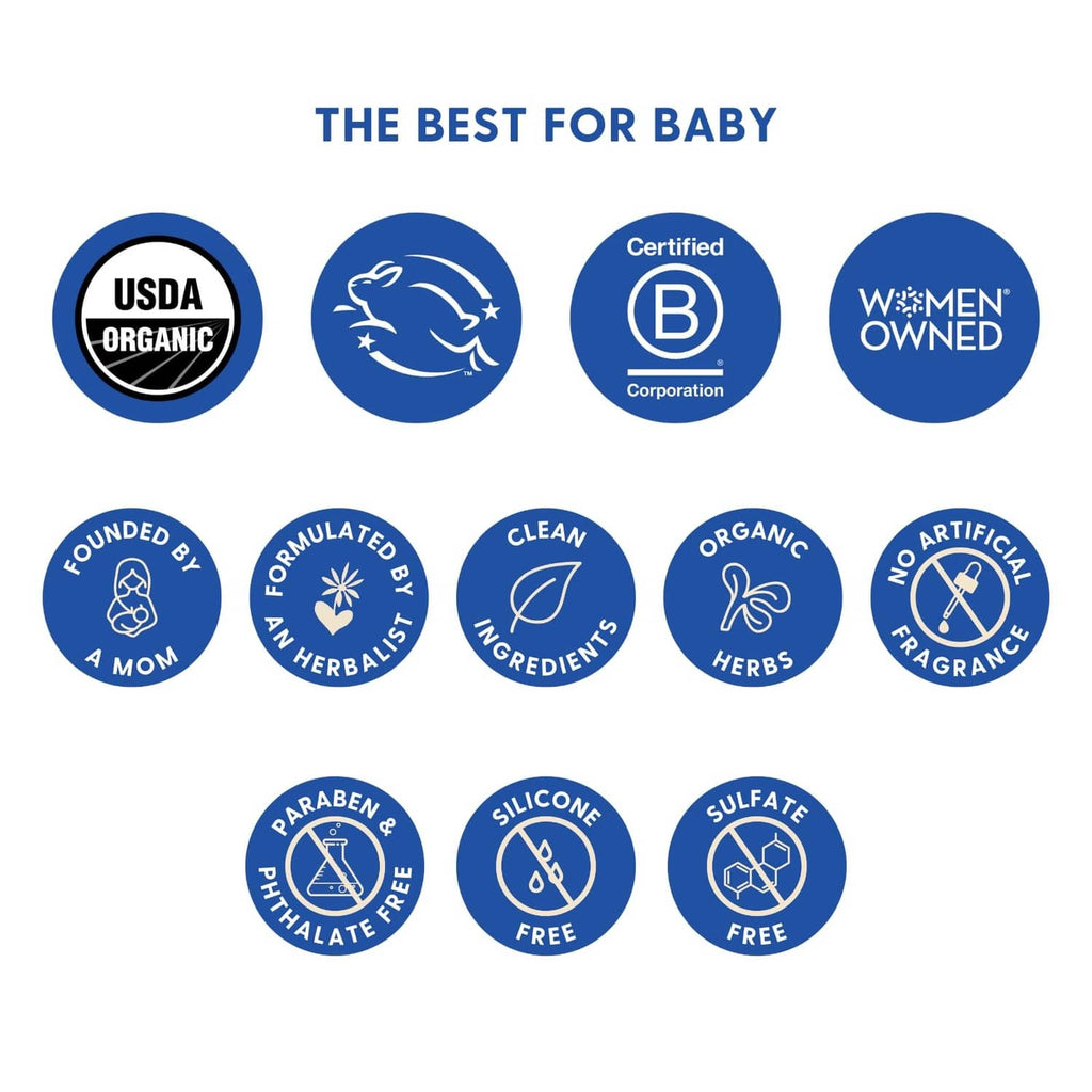 Motherlove diaper balm certification icons for organic, clean ingredients, and free-from