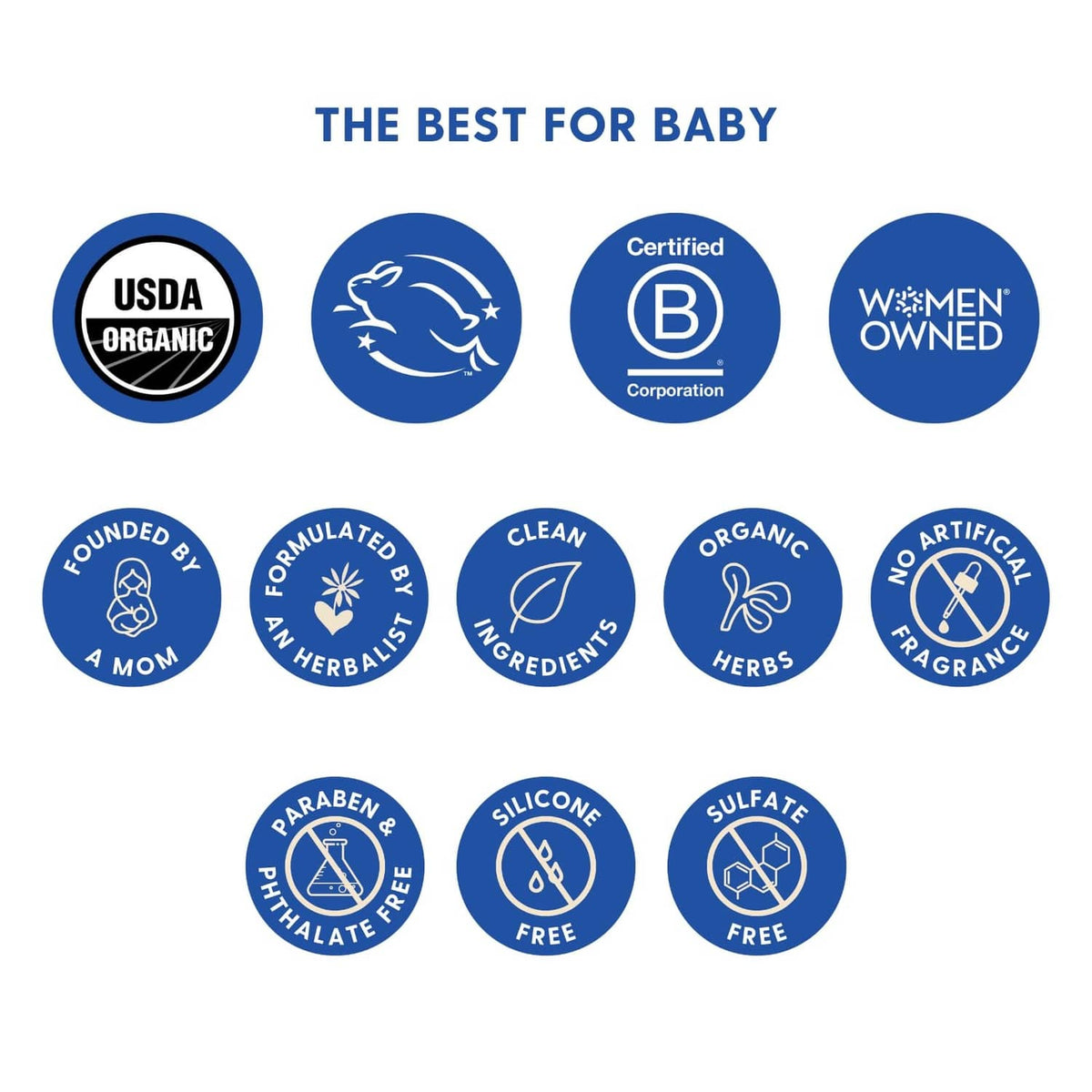 Motherlove diaper balm certification icons for organic, clean ingredients, and free-from