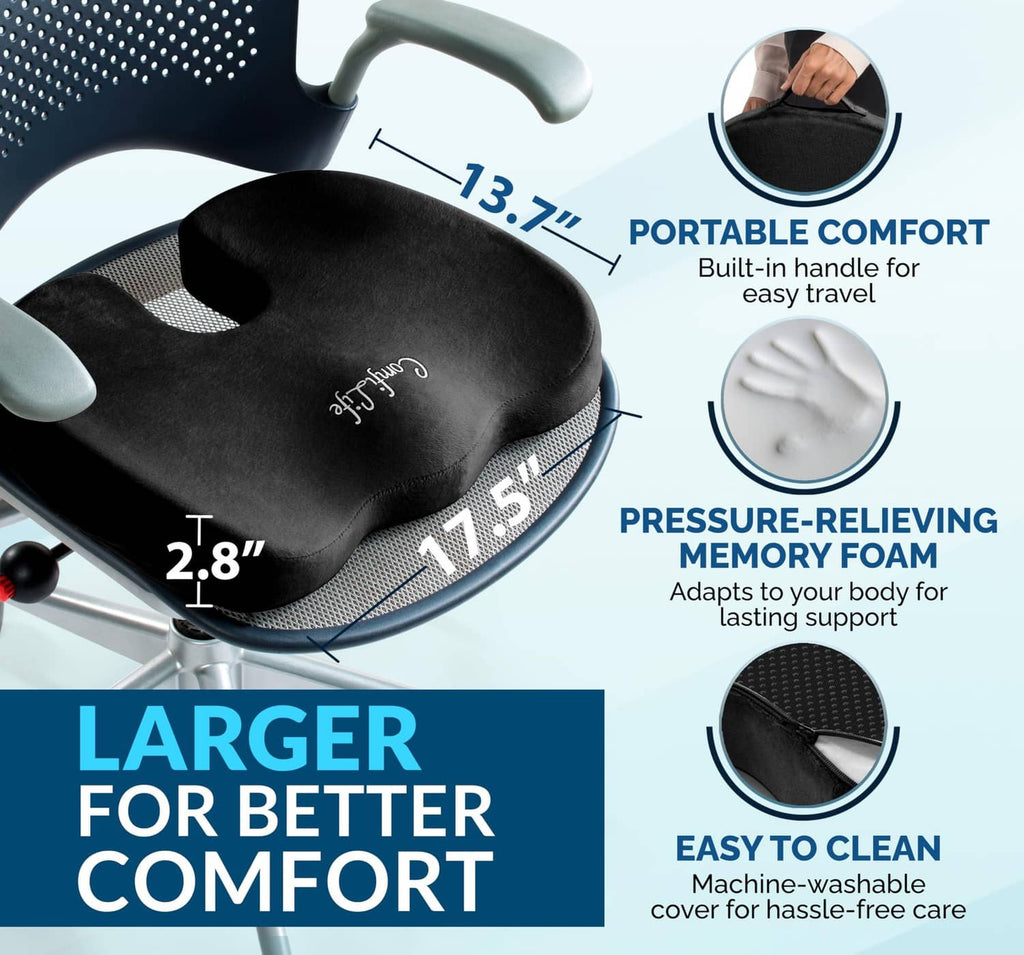Black gel memory foam seat cushion with built-in handle on a chair