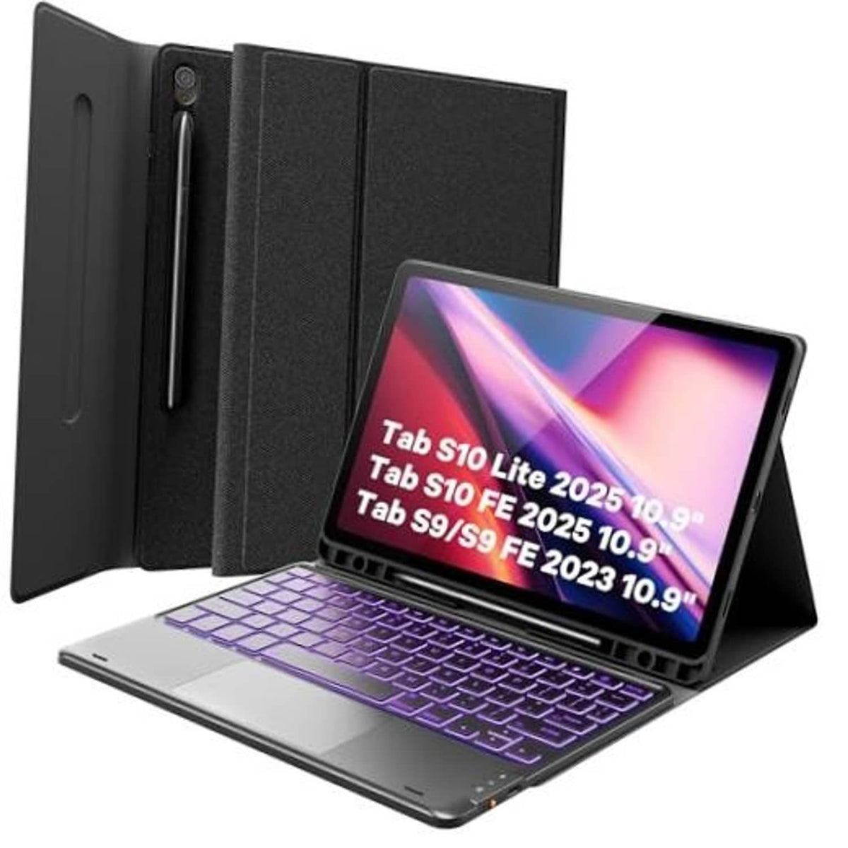 Black keyboard case with stand, tablet docked, keys visible, folding cover open