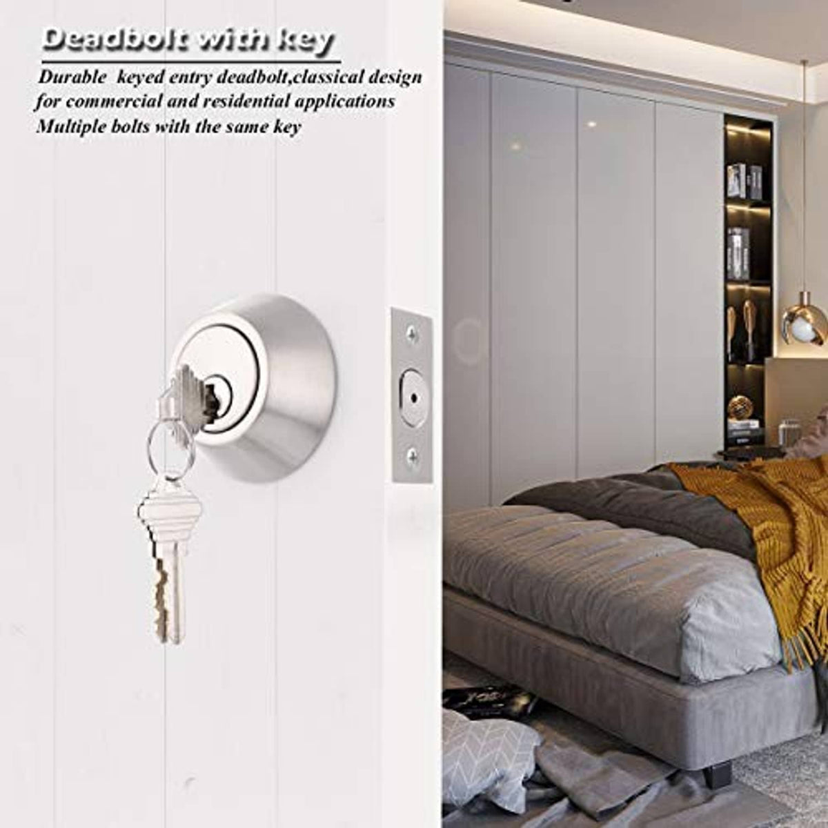 Satin nickel double-cylinder deadbolt with key inserted on a door surface