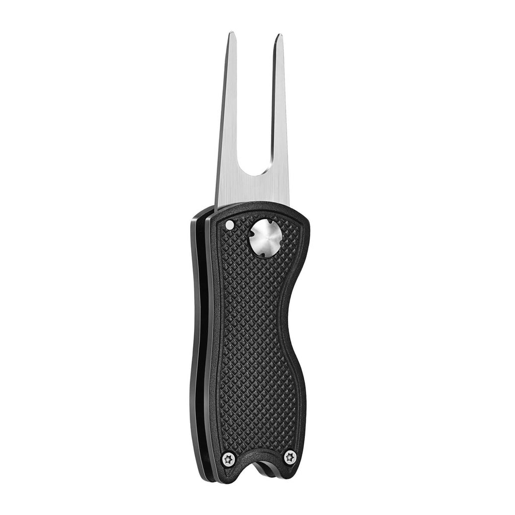 Black foldable divot repair tool with stainless fork prongs and textured grip