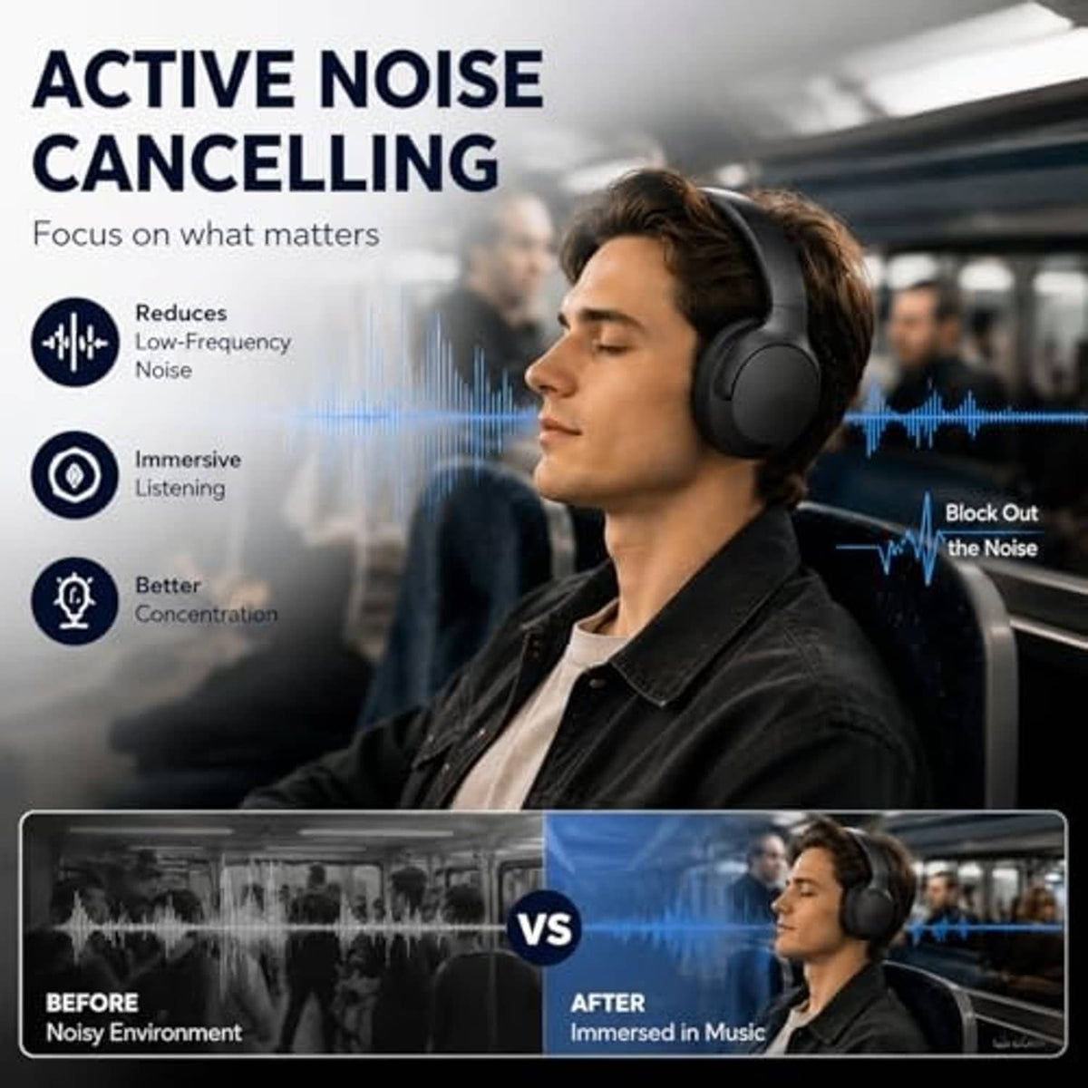 Over-ear headphones worn on a bus, focusing on ear cups and padded headband