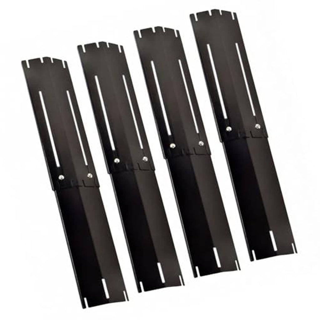 Universal grill heat shield plates, dark metal strips with slotted cutouts and fasteners