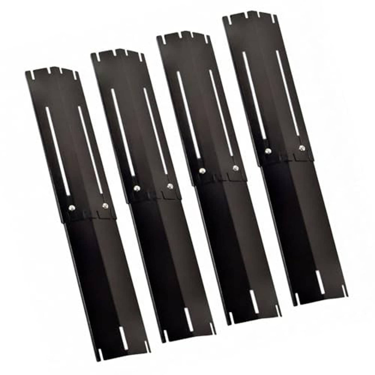 Universal grill heat shield plates, dark metal strips with slotted cutouts and fasteners