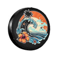 Black round spare tire cover with retro beach wave, palm tree and flower graphic