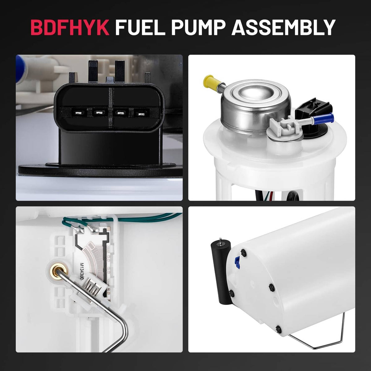 Fuel pump assembly set with white housing, blue connector, and wiring harness