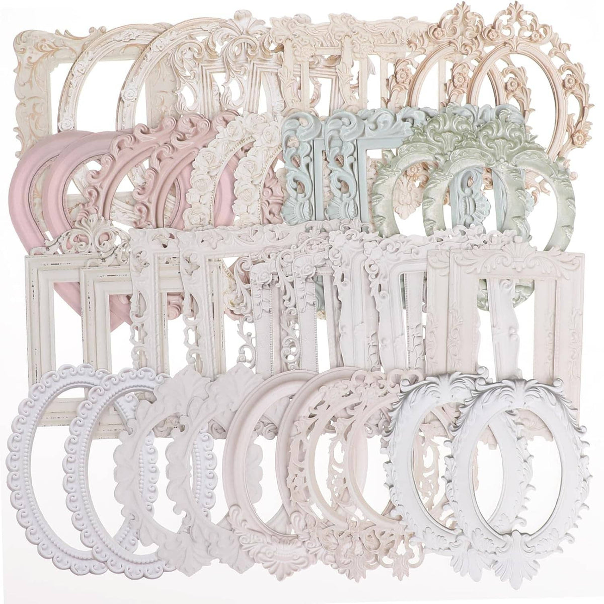 Cream lace scrapbook frames and borders set with ornate oval, square, and decorative border pieces.